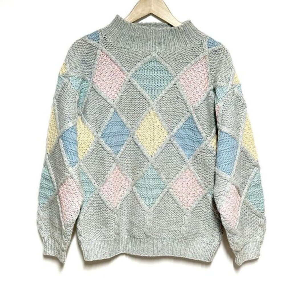 Vintage 80 s Wool Patchwork Chunky knit Pastel Sweater Womens M